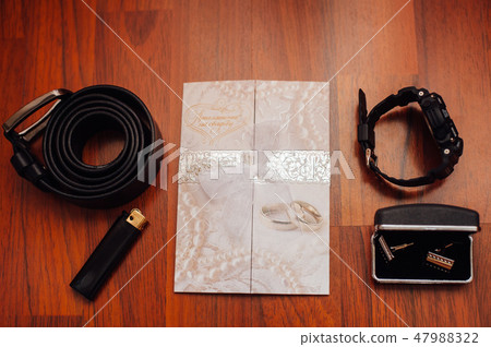 groom set clothes. Wedding rings, shoes, cufflinks and bow tie 47988322