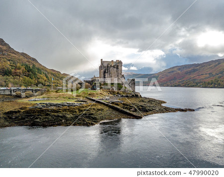 Aerial view of the historic Eilean Donan Castle by Dornie in autumn, Scotland 47990020