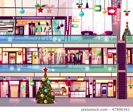 Christmas mall shops escalator illustration Christmas mall shops escalator illustration 47990341