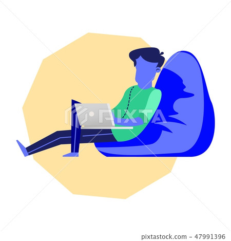 Freelancer with Laptop Sit in Blue Beanbag Chair Freelancer with Laptop Sit in Blue Beanbag Chair 47991396