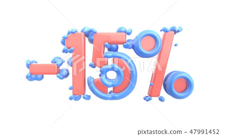 The sign -15off. Made of living coral pink and blue material isolate on white background. 3d 47991452
