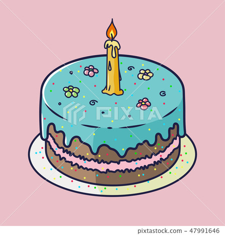 Happy Birthday Anniversary card with cupcake and one candle in bright design style, rose background Happy Birthday Anniversary card with cupcake and one candle in bright design style, rose background 47991646