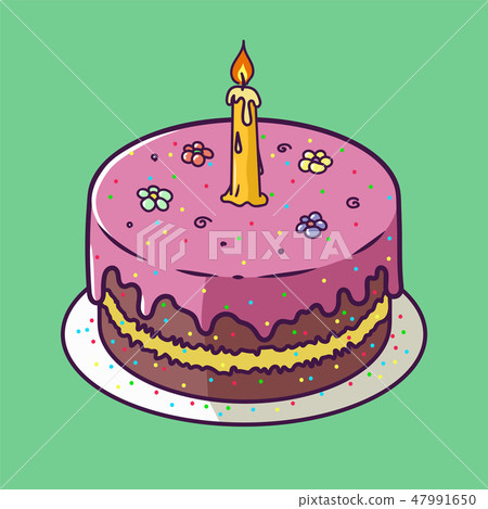 Happy Birthday Anniversary card with cupcake and one candle in bright design style, green background Happy Birthday Anniversary card with cupcake and one candle in bright design style, green background 47991650