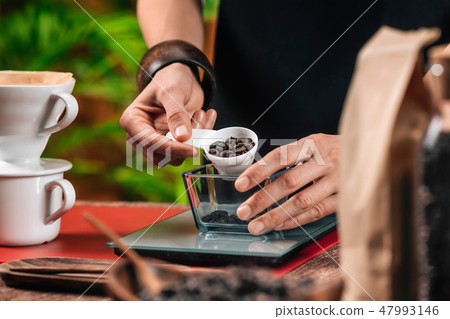 Filter Coffee. Weighing Coffee For Making Drip Coffee 47993146