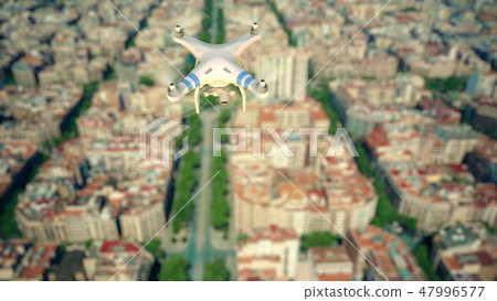 Aerial view of camera drone flying and filming above the city. 3d rendering 47996577