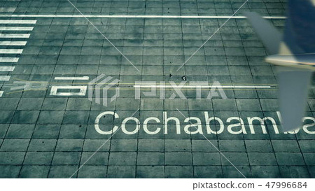 Aerial view of an airplane arriving to Cochabamba airport. Travel to Bolivia 3D rendering 47996684