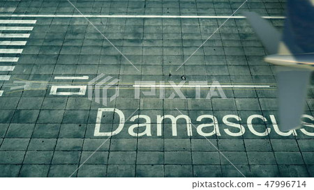 Aerial view of an airplane arriving to Damascus airport. Travel to Syria 3D rendering 47996714