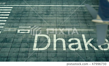 Aerial view of an airplane arriving to Dhaka airport. Travel to Bangladesh 3D rendering 47996730