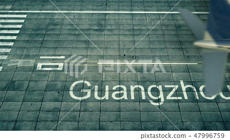 Aerial view of an airplane arriving to Guangzhou airport. Travel to China 3D rendering 47996759