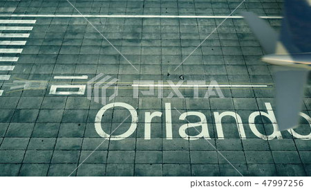 Aerial view of an airplane arriving to Orlando airport. Travel to the United States 3D rendering 47997256