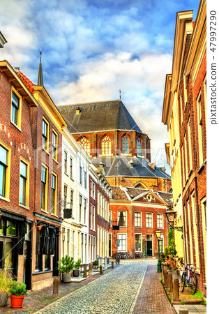 Street leading towards the Pieterskerk, a late-Gothic church in Leiden 47997290