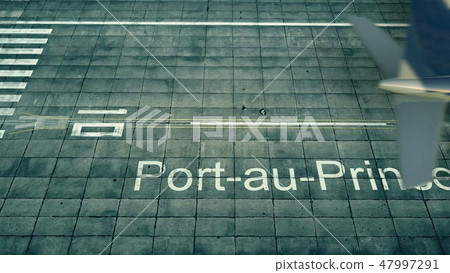 Aerial view of an airplane arriving to Port-au-Prince airport. Travel to Haiti 3D rendering Aerial view of an airplane arriving to Port-au-Prince airport. Travel to Haiti 3D rendering 47997291