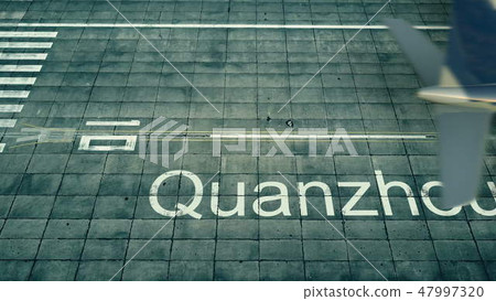 Aerial view of an airplane arriving to Quanzhou airport. Travel to China 3D rendering 47997320