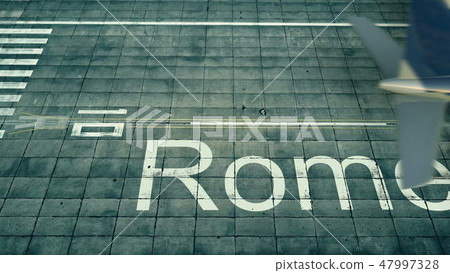 Aerial view of an airplane arriving to Rome airport. Travel to Italy 3D rendering Aerial view of an airplane arriving to Rome airport. Travel to Italy 3D rendering 47997328