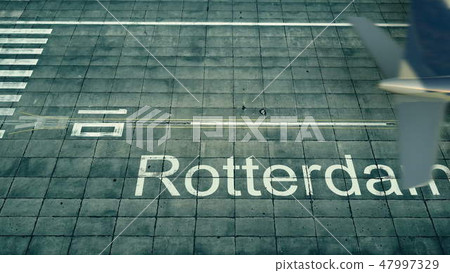 Aerial view of an airplane arriving to Rotterdam airport. Travel to Netherlands 3D rendering 47997329