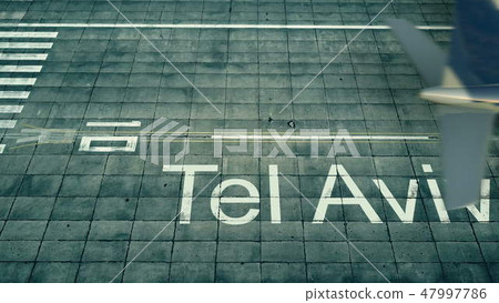 Aerial view of an airplane arriving to Tel Aviv airport. Travel to Israel 3D rendering 47997786