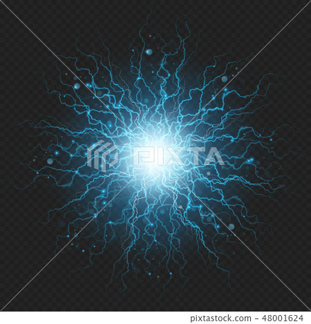 Lightning flash discharge of electricity on transparent background. Blue electrical visual effect 48001624