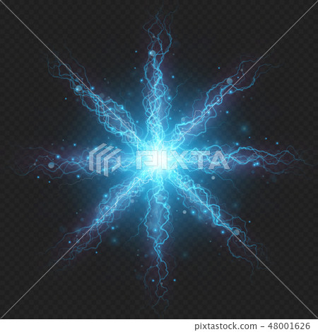 Lightning flash discharge of electricity on transparent background. Blue electrical visual effect 48001626