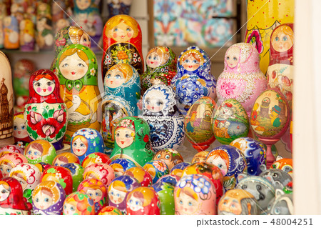 MOSCOW, RUSSIA - FEBRUARY 13,2019: Large selection of matryoshkas Russian souvenirs at the gift shop 48004251