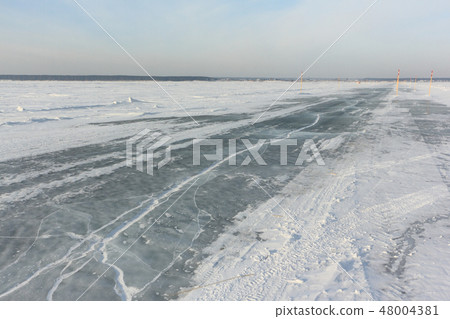 Ice road on Ob reservoir, Novosibirsk, Russia 48004381