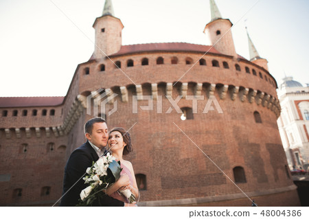 Happy wedding couple, groom, bride with pink dress hugging and smiling each other on the background 48004386
