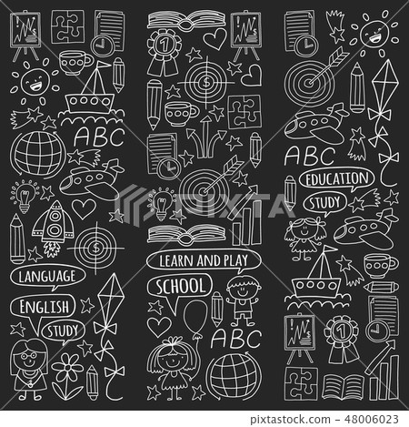 Vector set of learning English language, children's drawing icons in doodle style. Painted, black Vector set of learning English language, children's drawing icons in doodle style. Painted, black 48006023