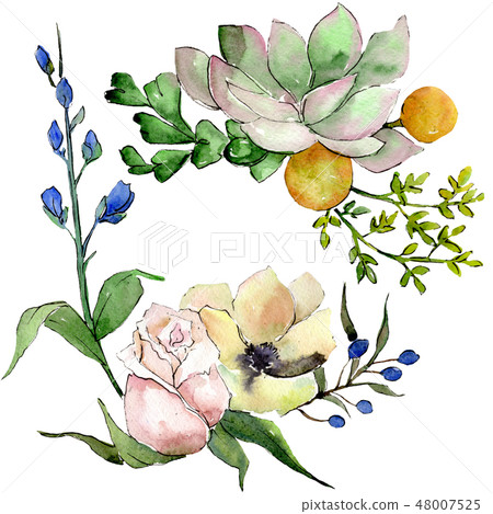 Bouquets with succulent floral botanical flowers. Watercolor background set. Isolated succulents Bouquets with succulent floral botanical flowers. Watercolor background set. Isolated succulents 48007525