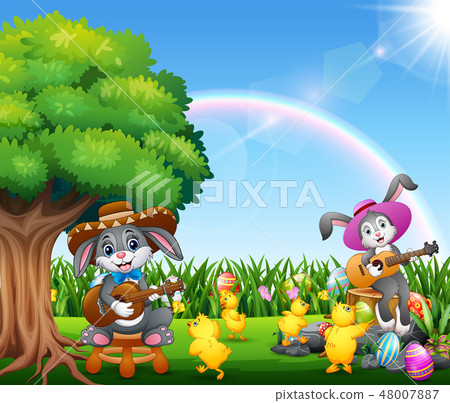 Cute bunnies relax playing guitar and chick Cute bunnies relax playing guitar and chick 48007887