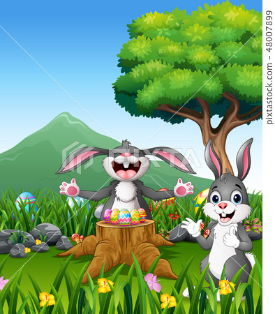 Happy easter rabbit on the beautiful garden Happy easter rabbit on the beautiful garden 48007899