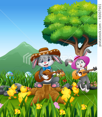 Cute bunnies relax playing guitar with a nature Cute bunnies relax playing guitar with a nature 48007901