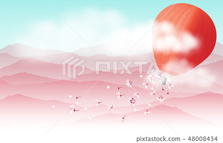 hot air balloon and falling pink sakura flowers hot air balloon and falling pink sakura flowers 48008434