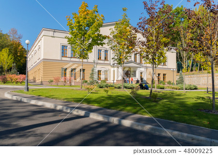 blue sky above the building with standing and talk 48009225
