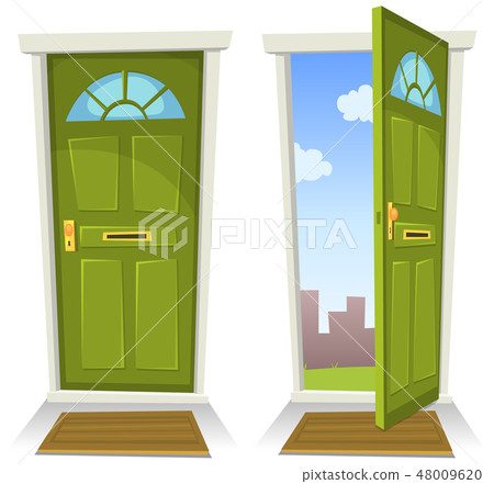 Cartoon Green Door, Open And Closed 48009620