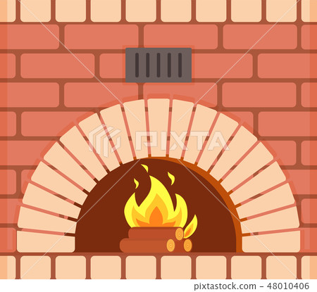 Fireplace with Fire Burning Inside Brick Arch 48010406
