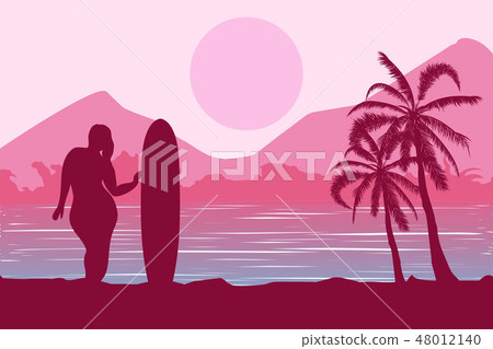 Tropical landscape. Sea landscape. Summer background. Girl with surfing board. Flat style 48012140
