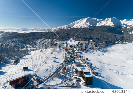 aerial view of winter Zabljak small town in Montenegro aerial view of winter Zabljak small town in Montenegro 48013344