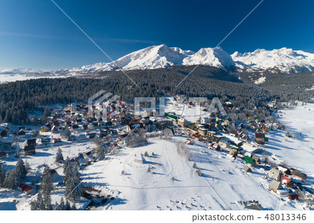 aerial view of winter Zabljak small town in Montenegro aerial view of winter Zabljak small town in Montenegro 48013346