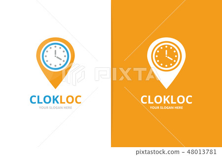 Vector clock and map pointer logo combination. Unique express and pin logotype design template. Vector clock and map pointer logo combination. Unique express and pin logotype design template. 48013781