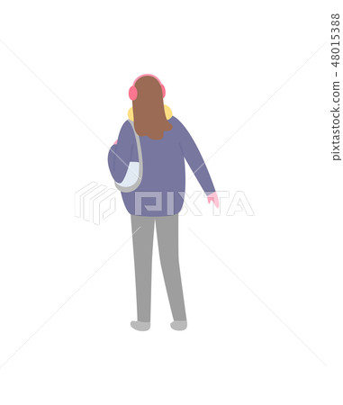 Standing Back Brunette Woman in Blue Jacket Vector 48015388