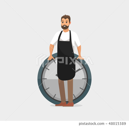 Man and Clock, Deadline of Worker Wearing Apron 48015389