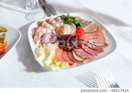 Close-up of meat snacks on the custard pillow Close-up of meat snacks on the custard pillow 48017420