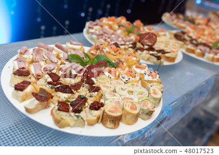 Close-up of meat snacks on the custard pillow 48017523