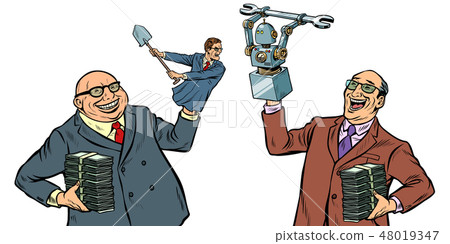People against robots war for the workplace. Manipulation of politicians isolate on white background 48019347
