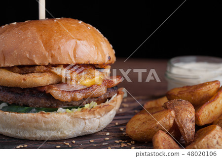 Closeup of a tasty Burger with snacks. Closeup of a tasty Burger with snacks. 48020106