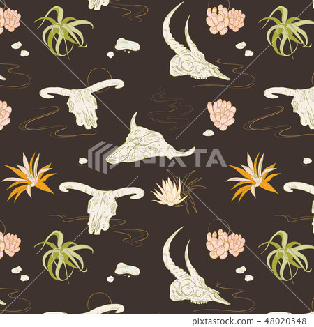Boho style illustration with animal skulls and desert plants. Succulents on the sands and bones 48020348