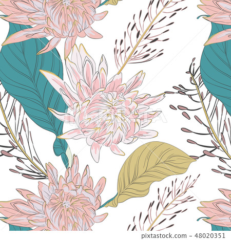 Vector beautiful big hand drawn flowers with tropical leaves summer exotic pattern. Designer foliage Vector beautiful big hand drawn flowers with tropical leaves summer exotic pattern. Designer foliage 48020351