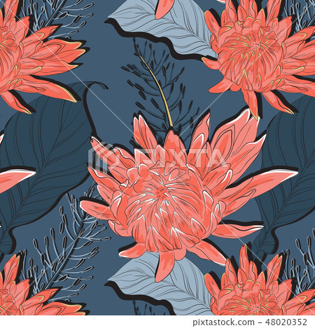 Flower fabric pattern. Bloom nature background. Red tropical plant. Bouquet on navy background Flower fabric pattern. Bloom nature background. Red tropical plant. Bouquet on navy background 48020352