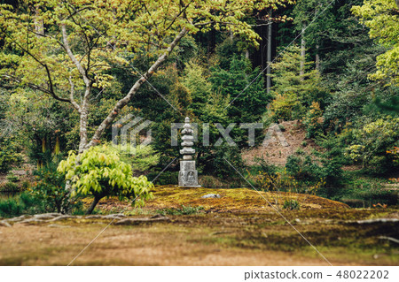 Green park with a monument and stone rock statue 48022202