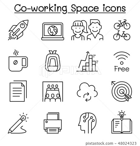 Co-working space, Start up icon set in thin line 48024323