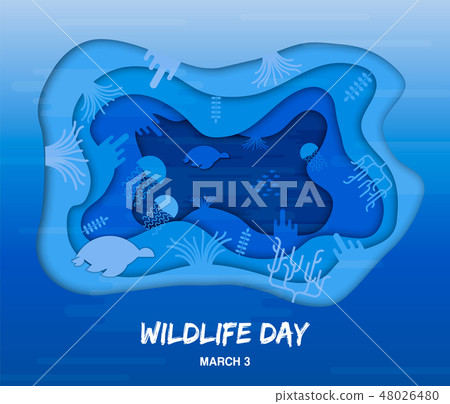 Wildlife Day cutout card of sea animals underwater Wildlife Day cutout card of sea animals underwater 48026480